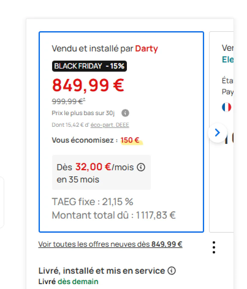 Fiche produit Darty : offre présélectionnée avec le prix barré et l’économie réalisée.