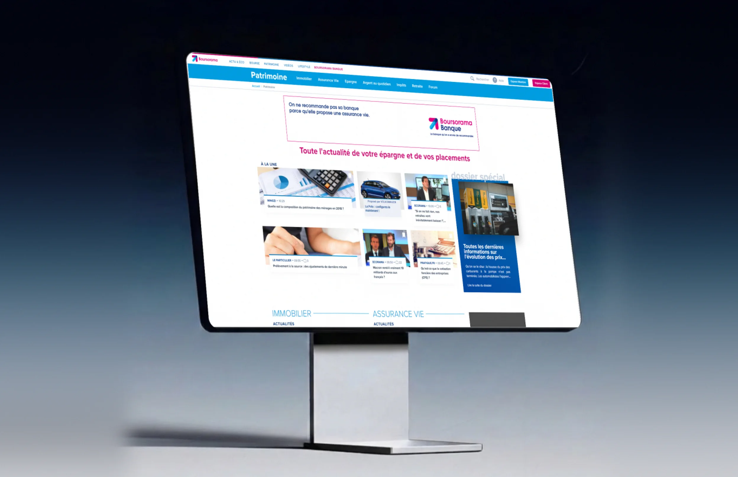 La page Patrimoine finale sur un écran : bandeau bleu de rubrique, encart Boursorama Banque, titre « Toute l’actualité de votre épargne et de vos placements », grille « À la une » et dossier spécial bleu.