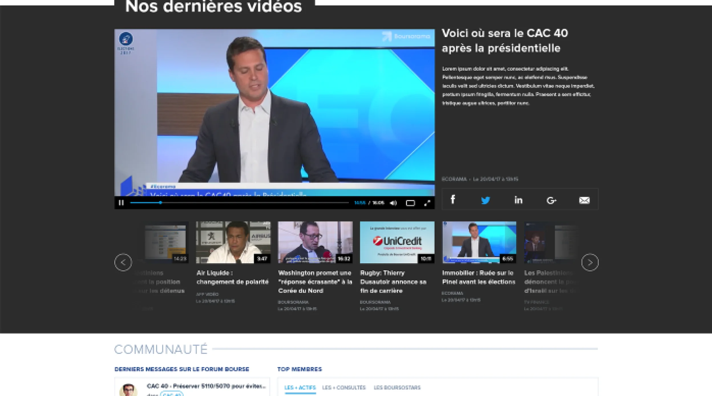 Section « Nos dernières vidéos » sur fond sombre : lecteur Ecorama, partage sur les réseaux, carrousel de vidéos, puis l’espace Communauté avec le forum Bourse et les membres les plus actifs.
