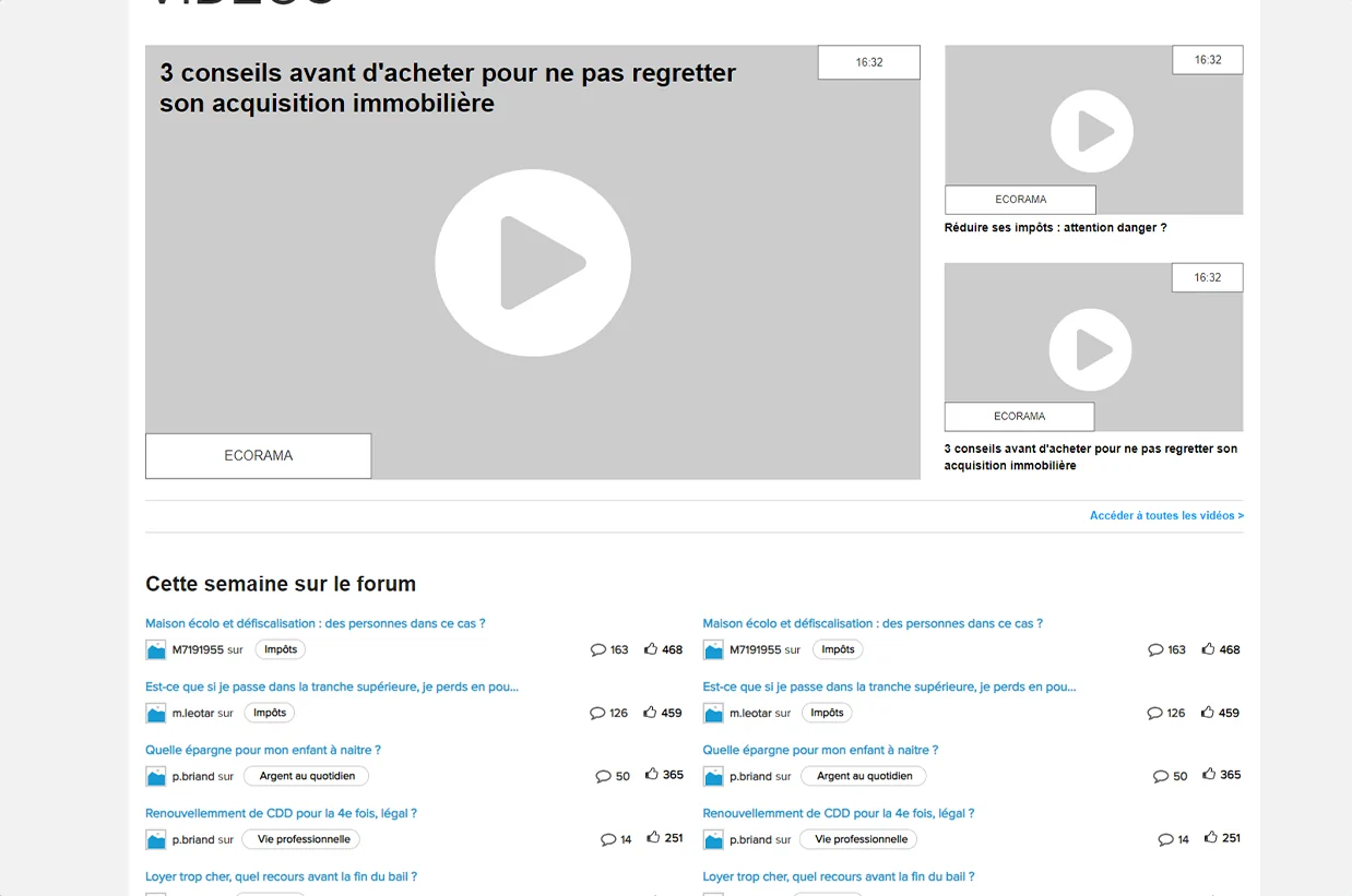 Wireframe de la partie basse : grande vidéo Ecorama et deux vidéos secondaires, puis « Cette semaine sur le forum » sur deux colonnes.