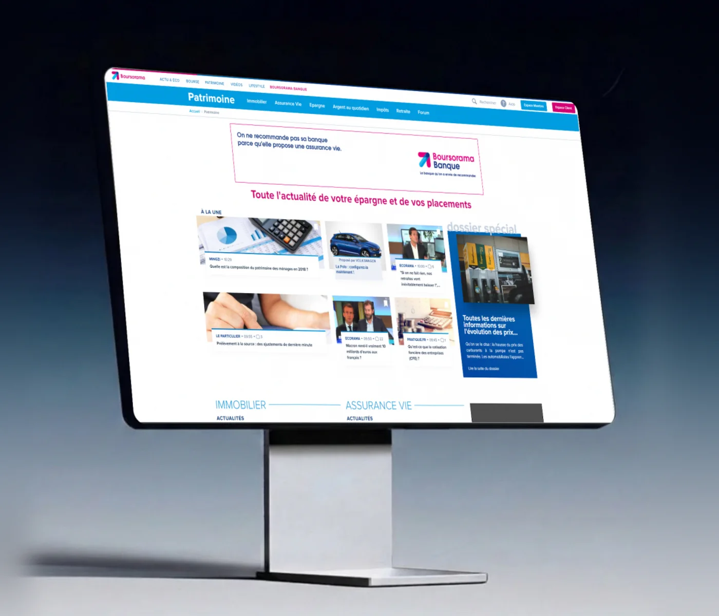 La page Patrimoine de Boursorama sur un écran : bandeau bleu, encart Boursorama Banque et grille d’actualités « À la une ».