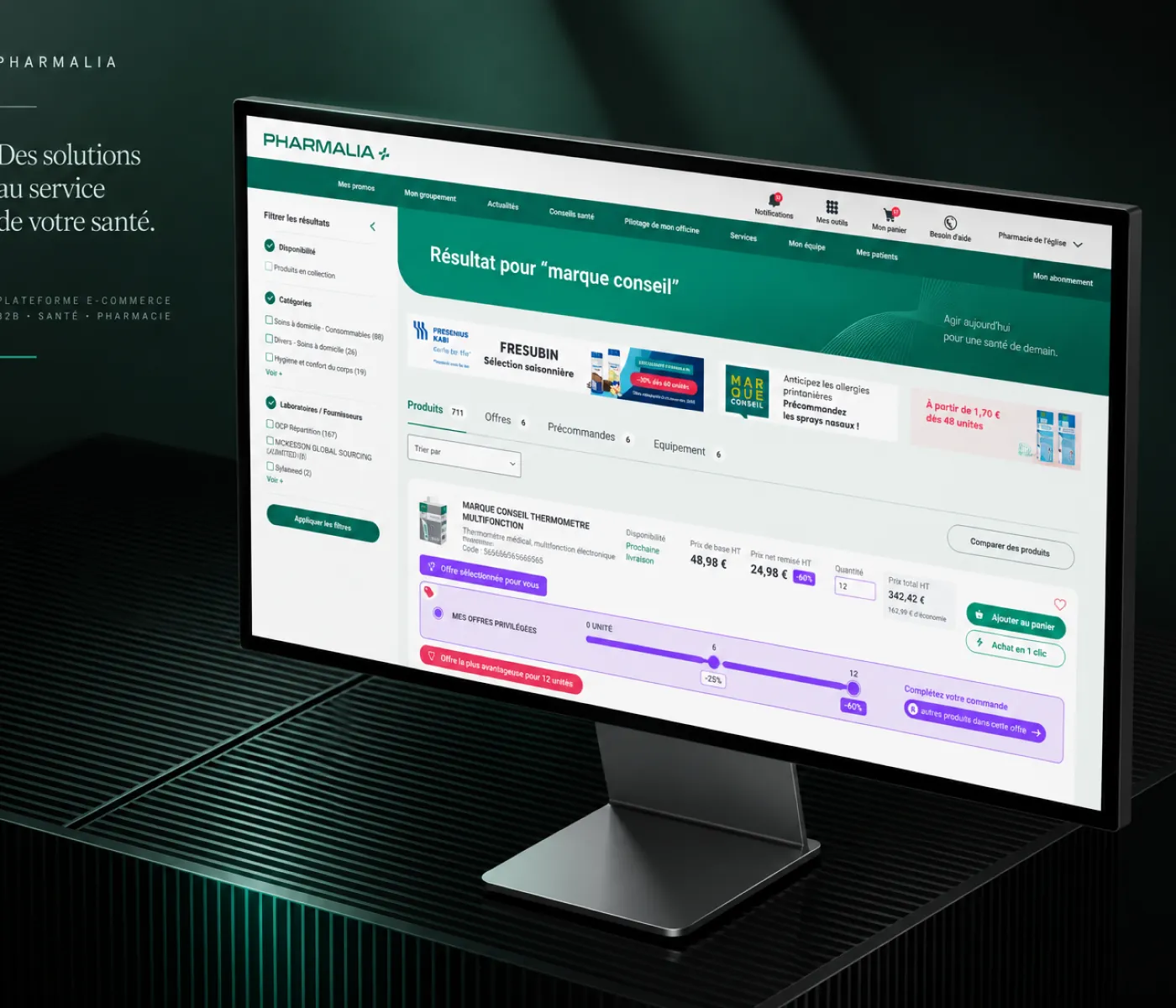 La plateforme Pharmalia affichée sur un écran, avec le nouveau bloc d’offres sous chaque produit.