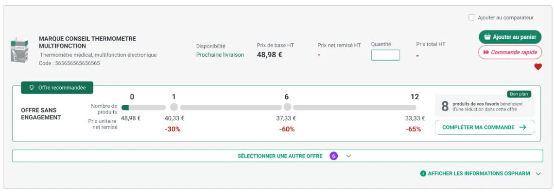 Première piste : bloc « Offre recommandée » avec jauge de paliers et prix unitaire remisé.