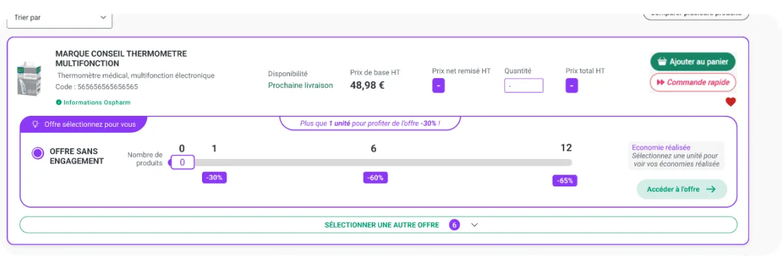 Version 1 : offre présélectionnée, quantité saisie sur la jauge et message « Plus que 1 unité pour profiter de l’offre ».