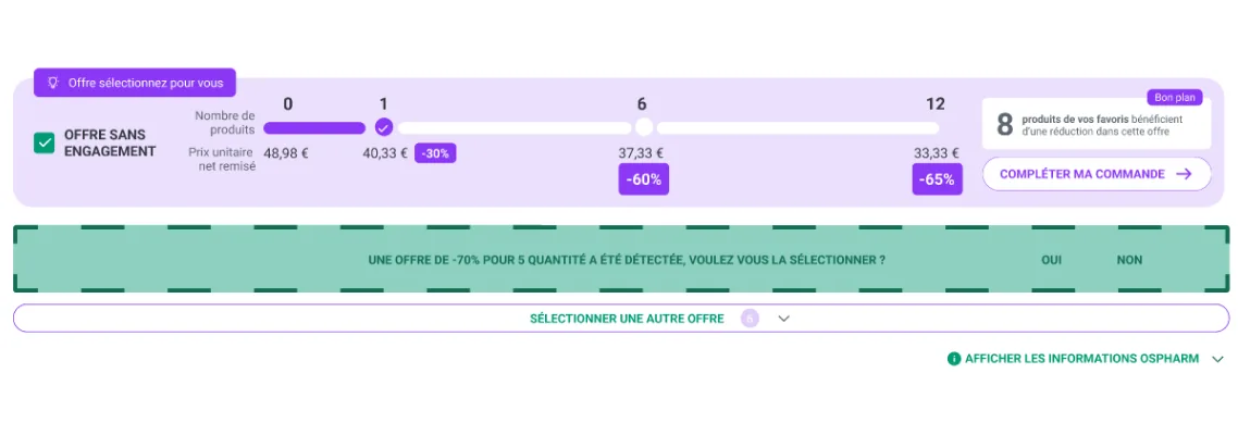 Piste écartée : bandeau proposant d’appliquer une offre détectée pour la quantité saisie.