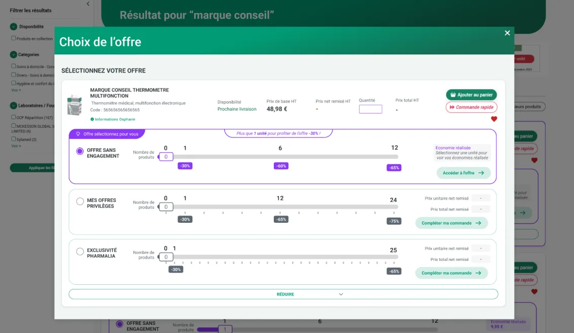 Piste écartée : modale « Choix de l’offre » listant les trois offres du produit.