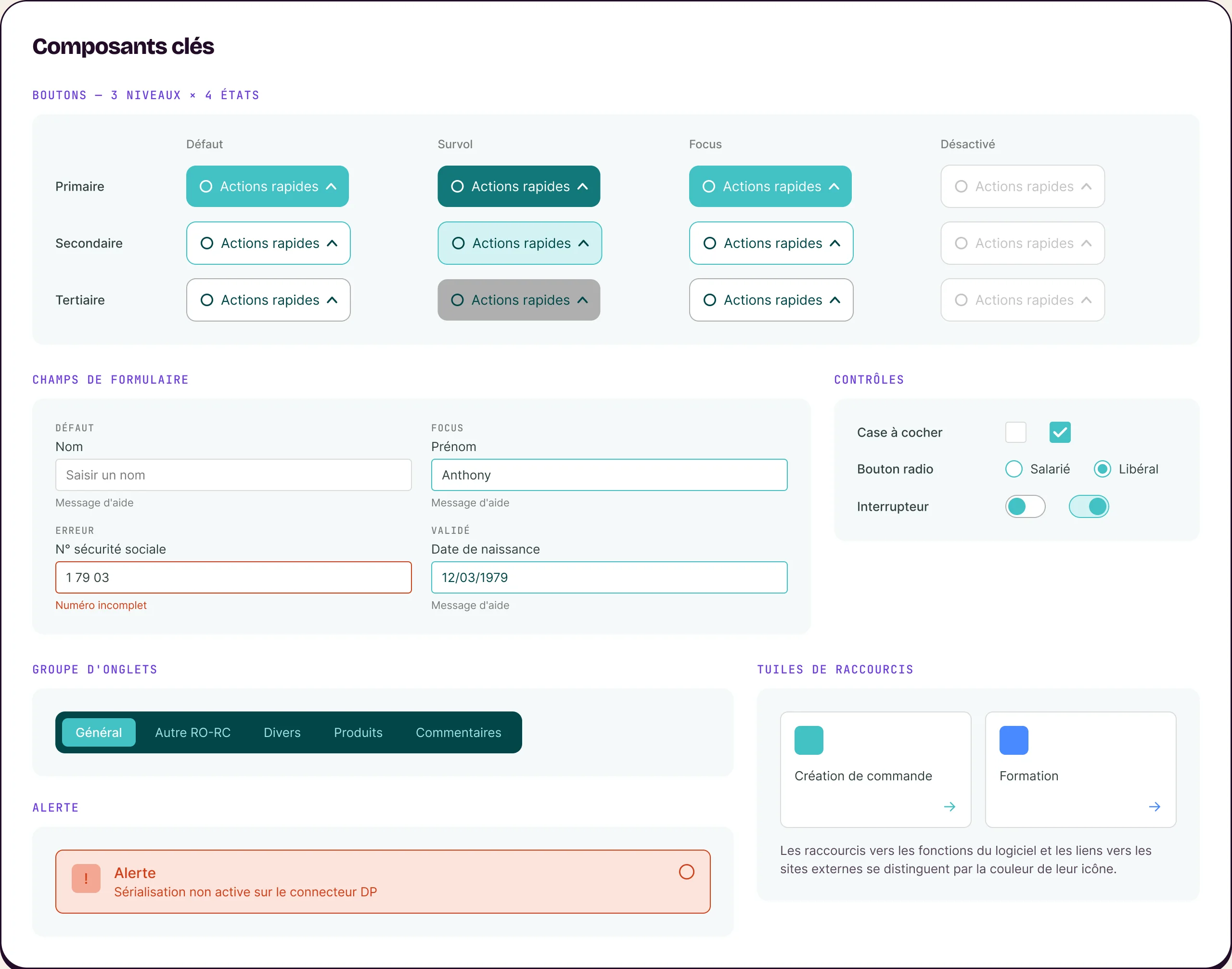 Composants clés : boutons primaire, secondaire et tertiaire dans les états défaut, survol, focus et désactivé ; champs de formulaire défaut, focus, erreur et validé ; case à cocher, bouton radio et interrupteur ; groupe d’onglets ; alerte ; tuiles de raccourcis.
