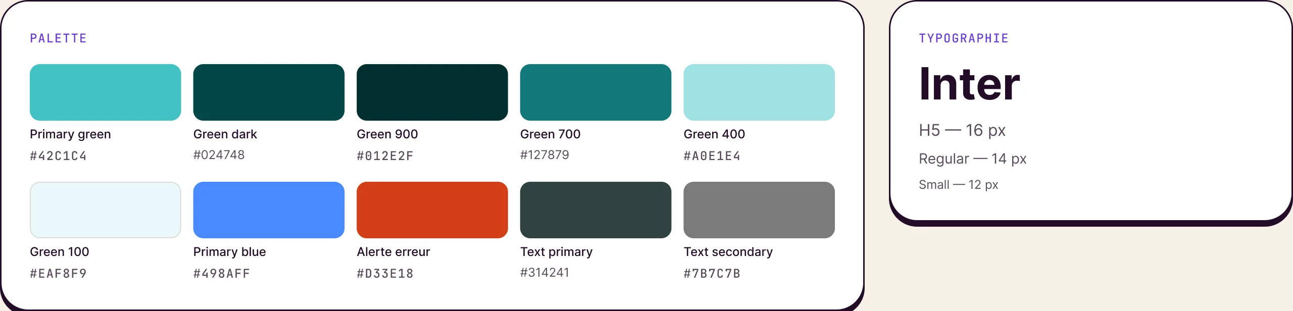 Palette du design system : Primary green #42C1C4, Green dark #024748, Green 900 #012E2F, Green 700 #127879, Green 400 #A0E1E4, Green 100 #EAF8F9, Primary blue #498AFF, Alerte erreur #D33E18, Text primary #314241, Text secondary #7B7C7B. Typographie Inter : H5 16 px, Regular 14 px, Small 12 px.