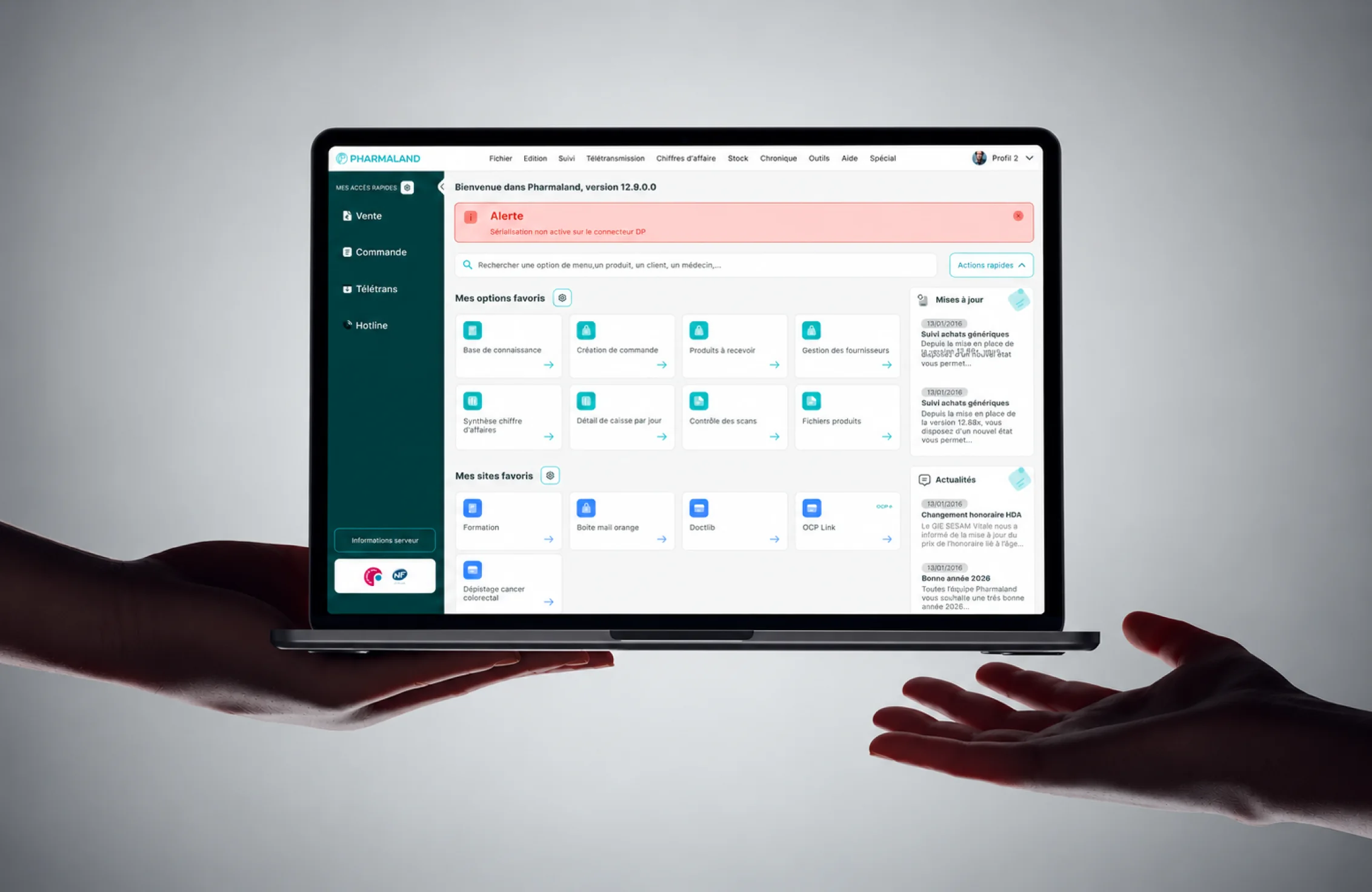 Version validée de la page d’accueil Pharmaland sur un ordinateur portable : menu « Mes accès rapides », alerte de sérialisation, recherche et bouton Actions rapides, tuiles d’options et de sites favoris, colonne Mises à jour et Actualités.