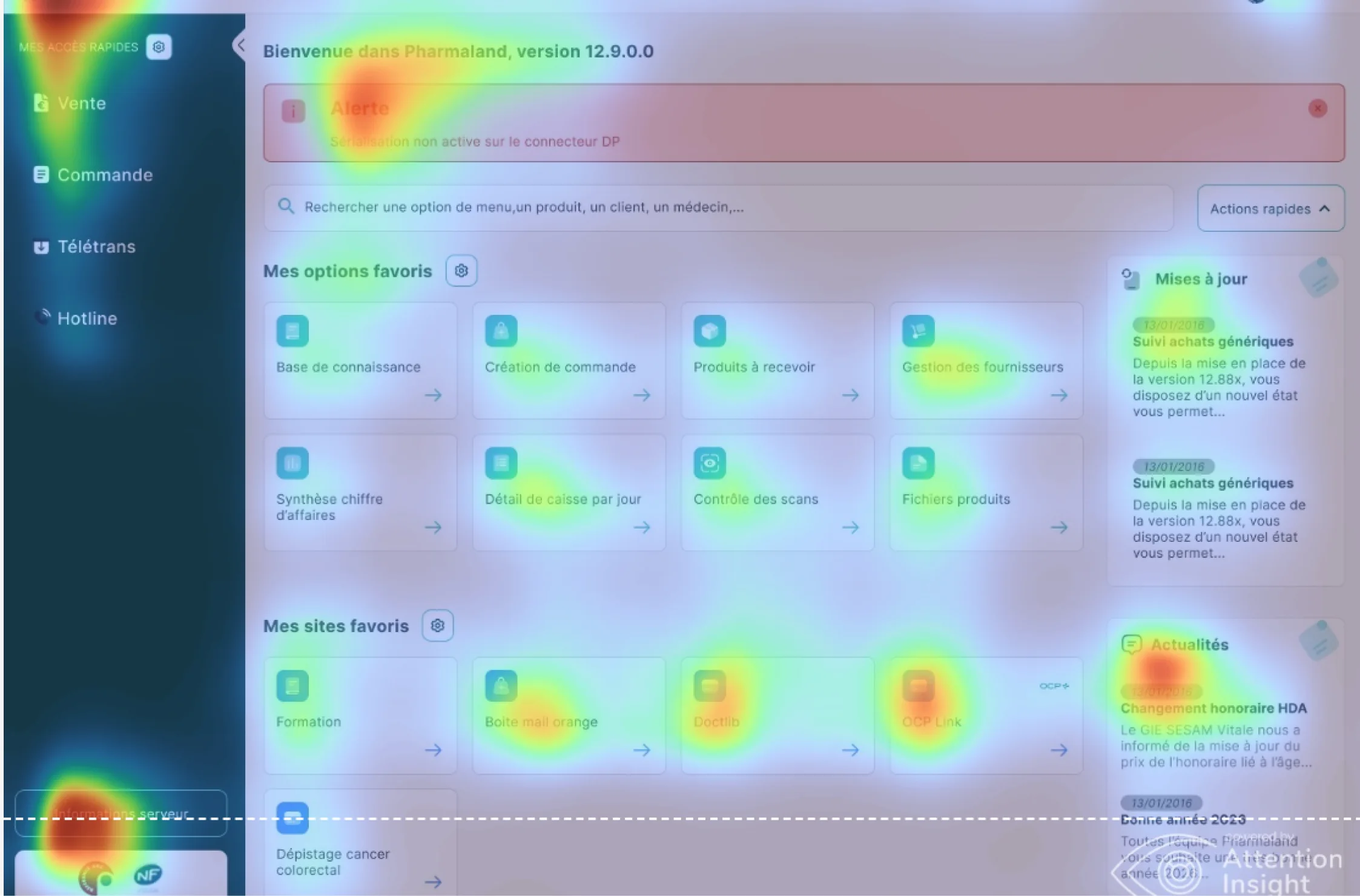 Carte d’attention générée avec Attention Insight sur la nouvelle page d’accueil : l’attention se concentre sur l’alerte, le menu latéral, les sites favoris et les actualités.
