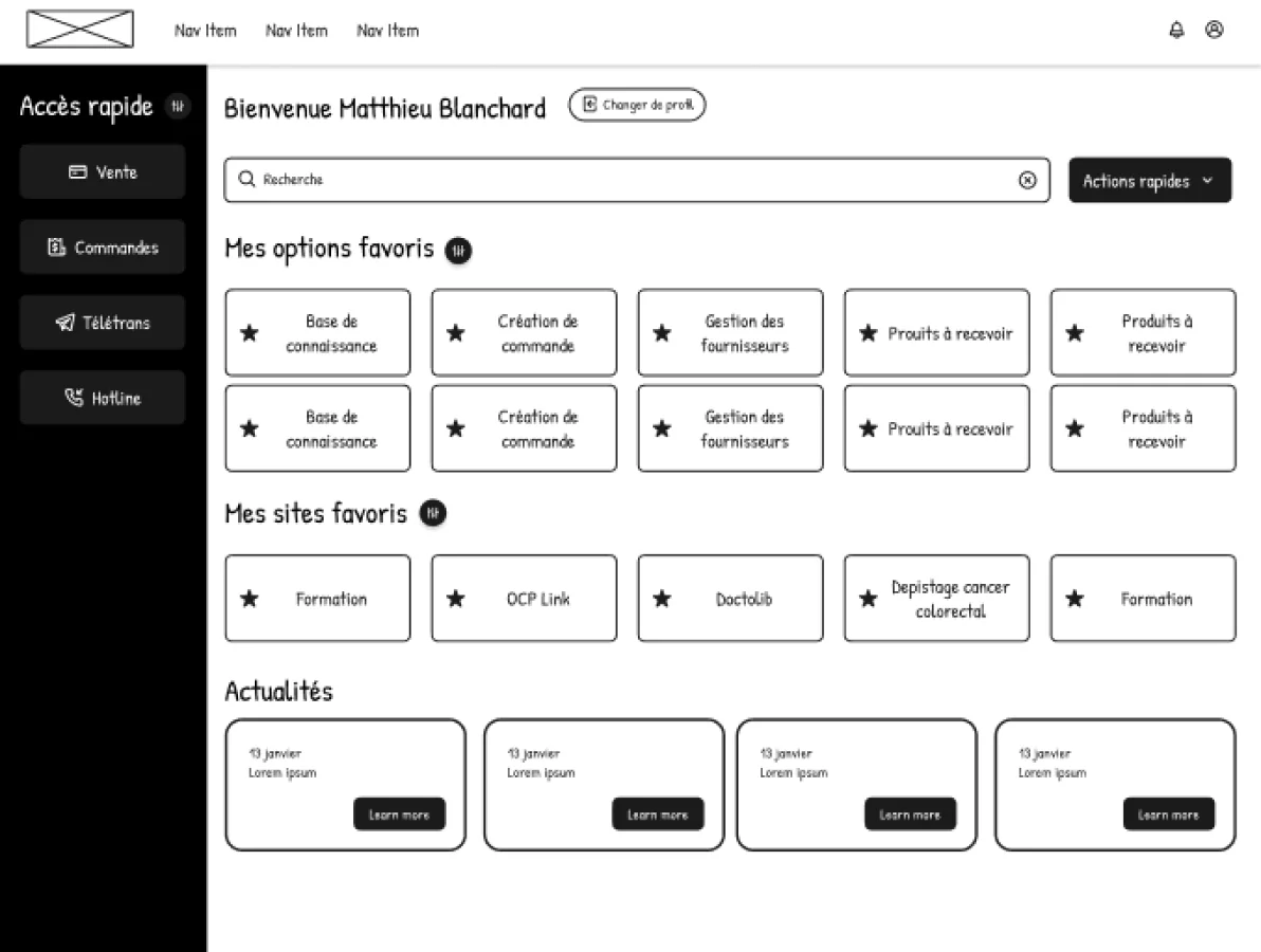 Wireframe piste 01 : menu latéral « Accès rapide », message « Bienvenue Matthieu Blanchard », recherche, options et sites favoris, actualités en bas de page.