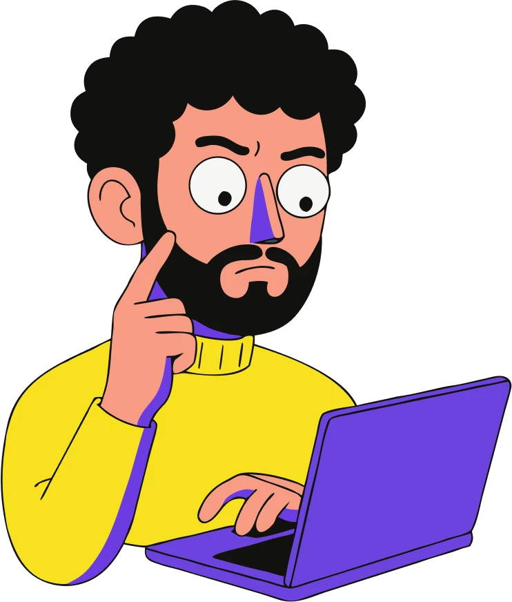 Illustration : Pierre, sceptique, réfléchit devant son ordinateur.