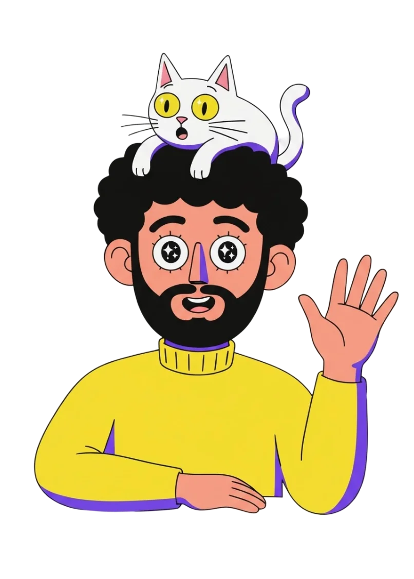 Illustration : Pierre salue, un chat perché sur la tête.