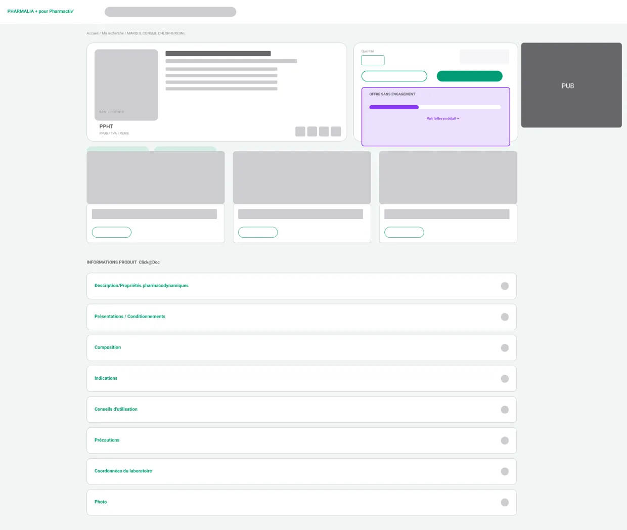 Wireframe : fiche produit avec le bloc « Offre sans engagement » à côté du bouton d’ajout au panier.