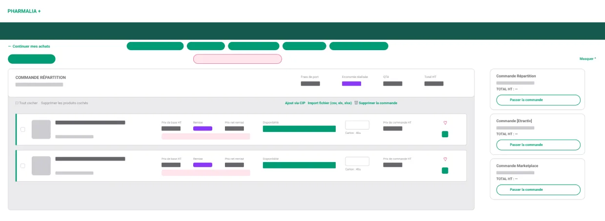 Wireframe : page panier avec l’économie réalisée par commande.
