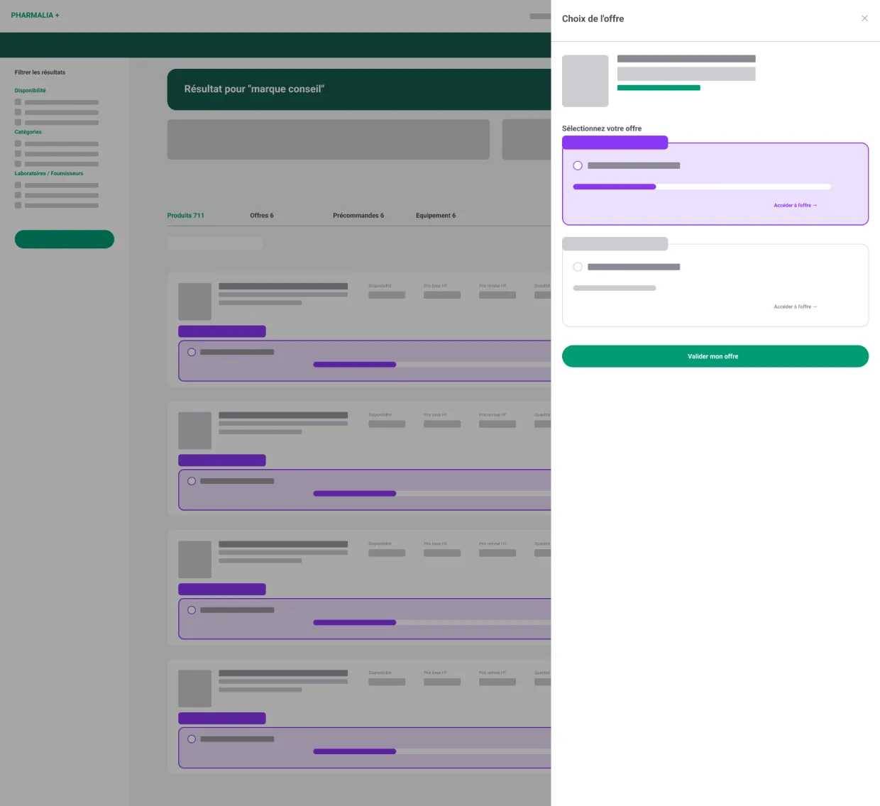 Wireframe : volet latéral « Choix de l’offre » ouvert sur les résultats de recherche.